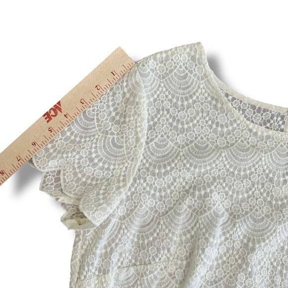 LOFT White Lace Blouse Medium Scallop Hem Short Sleeve Crochet Top Ivory - Picture 4 of 9